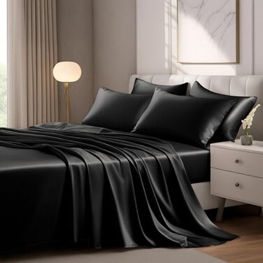 LuxClub 4 PC Sheet Set Bed Sheets Deep Pockets 18 Eco Friendly Wrinkle Free Cooling Machine Washable Hotel Bedding Silky Soft Black Queen
