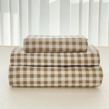 NSNLGSGC Tan Gingham Full Sheet Set Soft Brushed Microfiber Taupe Plaid Full Bed Sheets 4Pieces Brown Grid Sheet Set with Deep Pocket
