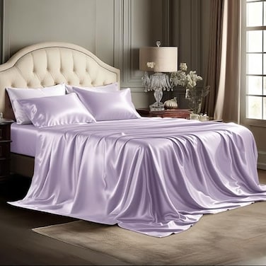 Bedsure Satin Sheets King Size 4 Piece Silky Bedsheets with 15 Inches Deep Pocket Fitted Bedsheet1 Flat Sheet 2 Satin Pillowcases Good for Hair Skin King Lavender