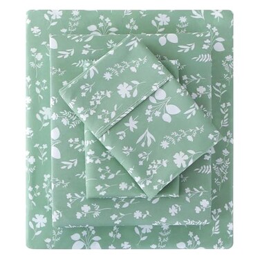 Viviland Sage Green Queen Sheet Set 4 Piece Vintage Green Flower Patterned Bed Sheets Soft Breathable Microfiber Floral Sheets with Deep Pocket NonSlip Fitted Sheets Pillowcases