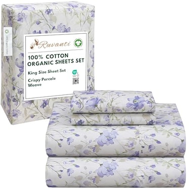 RUVANTI 100 Cotton Organic Percale Sheets King Size Crisp Cooling Bed Sheets for Hot Sleepers Deep Pocket 15 Soft Peach Finish Breathable Durable HotelStyle 4 Pcs Heather