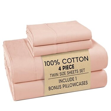 Casa Platino 100 Cotton Twin Size Sheets Set 4 Piece Crisp Percale Twin Size Cooling Sheets Lightweight for Summer with 15 Deep Pocket Fitted Sheet Nightly Comfort Airy Sleep Veiled Rose