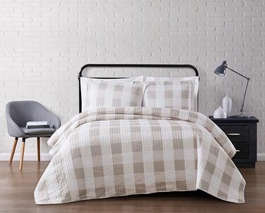 TRULY SOFT Everyday Buffalo Plaid Khaki Polyester 3Piece King Quilt Set Plaid Themed for Men and Women OekoTEX Certified Confidence