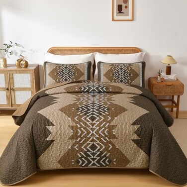 Dintszyayue Brown Quilt Set King Size Boho Aztec Texture Bedspread Coverlet Set 3 Piece Soft Lightweight Bedding Set Geometric Bohemian Bedspread with 2 PillowcasesDark Brown90x103