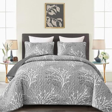 DJY Grey Quilt Set Queen Size Branch Botanical Pattern Bedspread Coverlet Set 3 Pieces Gray Floral Quilt Bedding Set Soft Lightweight Microfiber Reversible Summer Quilt Set