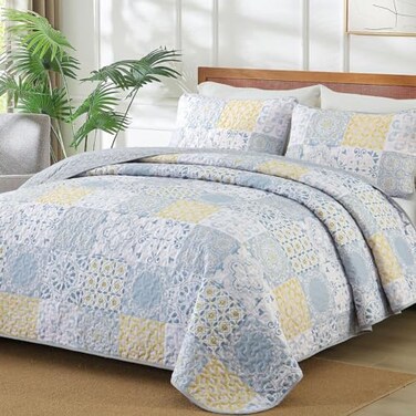 Dobuyly King Size Quilt Set 3 Pieces BlueYellowGrey Patchwork Bedspreads Boho Summer Coverlet Set Soft Lightweight Microfiber Bedding Set for All Seasons 110x90