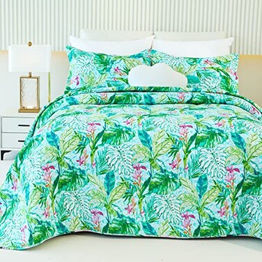 EVENHUG Cotton Quilt Set Queen Floral Reversible Bedspread Set Soft Brushed Bed Cover Lightweight Floral Quilted Bedding Set 1 Quilt with 2 Pillow Shams Leaf King
