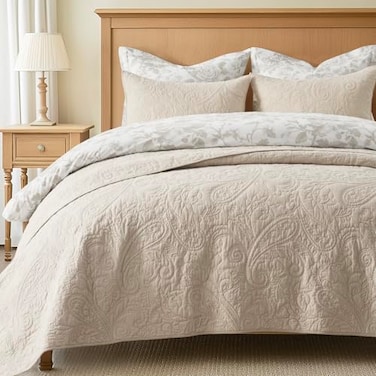 EVERGRACEHOME EVERGRACE 100 Cotton Paisley Quilt Set King Size 3 Piece Set Prewashed Lightweight Bedspread with 2 Shams Soft Breathable MatelasseStyle Quilted Coverlet Flax Beige