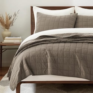 EVERGRACEHOME 100 Cotton Box Stitch Quilt Bedding Set Queen Size 3 Pieces GarmentWashed Lightweight Soft Cozy Coverlet Quilted Bedspread Sets with 2 Shams for All Season Mocha Brown
