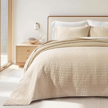 EVERGRACEHOME Cotton Sateen Quilt Set King Size PreWashed Cotton Channel Stitch Coverlet Bedspread 3 Pieces Lightweight Soft Bedding Sets for All Season with 2 Pillow Shams Light Sand