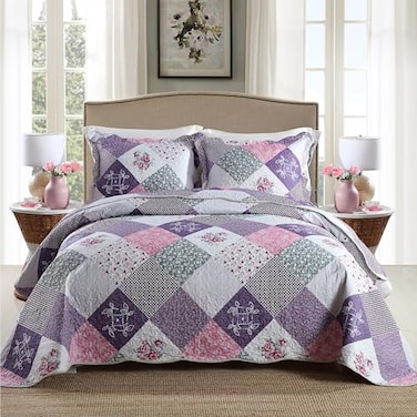 HoneiLife Quilt Set Twin Size 2 Piece Microfiber Quilts Reversible Bedspreads Patchwork Coverlets Floral Bedding Set All Season Quilts with Geometric and Little Rose Print PatternPurple