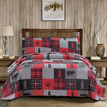 Junsey Rustic Bear Quilts Set FullQueen Size Red Black Plaid Patchwork Bedding Lightweight Lodge Cabin Bedspread Coverlet with Pillowshams Red Black Gray FullQueen