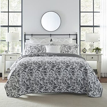 Laura Ashley Queen Quilt Set Soft Cotton Bedding with Reversible Design Medium Weight for Year Round Use 3 Piece Bed Set with Matching Pillowcases Amberley BlackWhite