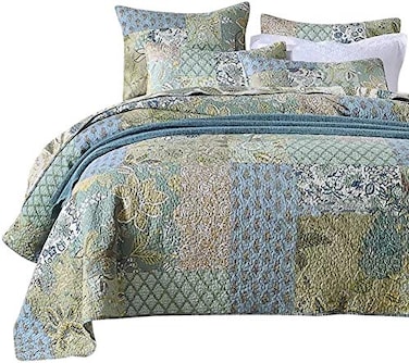 MaiuFun Cotton Bedspread Quilt Sets QueenFull Size Reversible Bohemian Floral Patchwork with Real Stitched Plaid Patterns 3Piece Bedding Coverlet for All Season 1 Quilt 2 Pillow Shams
