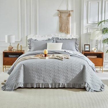 UOZZI BEDDING Oversized Ruffled Quilt Set 70 88in Twin Size Solid Shabby Chic Farmhouse Ruffles 2PC Quilted Bedding Rustic Coverlet Sets Lightweight Fluffy Summer Bedspread with Shams for Women Men Gr