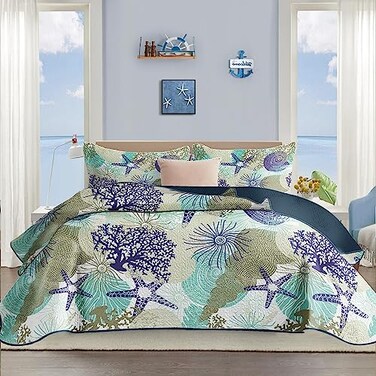 Tritard 3 Piece Coastal Quilt Sets FullQueen Size Reversible Microfiber Quilts with 2 Shams Soft Lightweight Beach Bedding Nautical Bedspread Coverlet Summer Comforter for All Season 90x96 C6