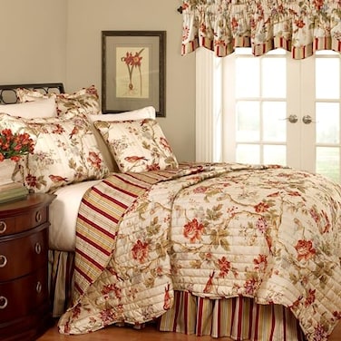 Waverly Charleston Chirp 3 Piece Quilt Set 100 Cotton Light Weight Bedding with Bed Skirt Pillow Shams Twin Papaya