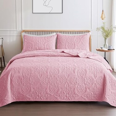 Whale Flotilla Soft Twin Quilt Bedding Set for All Seasons Elegant Vintage Damask Ultrasonic Quilts Set Lightweight Reversible Bedspread Coverlet Bed Cover with 1 Pillow Sham Pink
