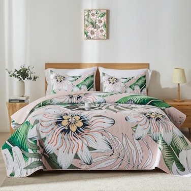 Yogeneg Queen Quilt Bedding SetWhite Green Botanical Pattern Blush FullQueen Quilt Set3 Piece Lightweight Soft Summer Bedspread Coverlet with 2 PIillow ShamsAll SeasonBlush90x96