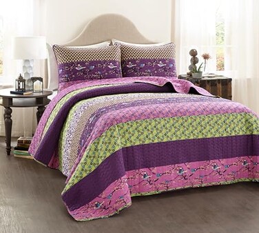 Lush Decor Royal Empire Reversible Cotton Quilt Set 3 Piece Set King Plum Striped Bedding Set Floral Quilt King Size Purple Bedding Boho Decor