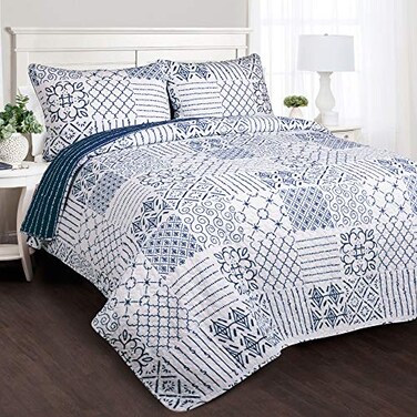Lush Decor Monique 3 Piece Reversible Print Pattern Blue Quilt Set Full Queen