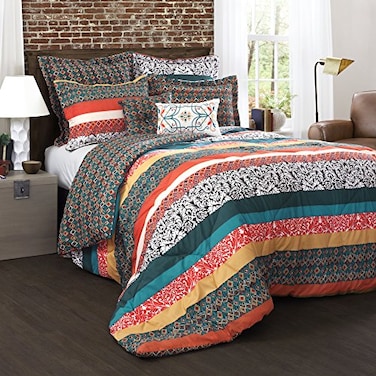 Lush Decor Boho Striped Reversible 7 Piece Comforter Bedding Set King Turquoise Tangerine