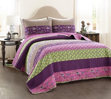 Lush Decor Royal Empire Reversible Cotton Quilt Set 3 Piece Set Full Queen Plum Striped Bedding Set Floral Quilt Queen Size Purple Bedding Boho Decor