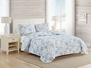 Tommy Bahama Queen Quilt Set with Shams Reversible Cotton Bedding Lightweight AllSeason Dorm Room Essentials Beach Bliss Grey