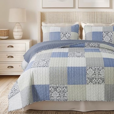SLPR Sweet Dreams Cotton Quilt Set Queen Size with 2 Shams Pieced Patchwork Bedding in Blue and Gray Country Style Farmhouse Quilted Bedspread