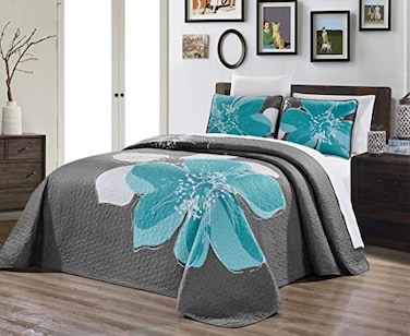 Grand Linen DDECOR 3Piece Fine Printed Oversize 100 X 95 Quilt Set Reversible Bedspread Coverlet Queen Size Bed Cover Aqua Blue Grey White Floral