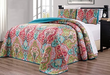 Grand Linen 3Piece Oversize 100 X 95 Fine Printed Prewashed Boho Decor Quilt Set Reversible Bedspread Coverlet FullQueen Size Bed Cover Turquoise Blue Sage Green Orange Terra Cotta Red