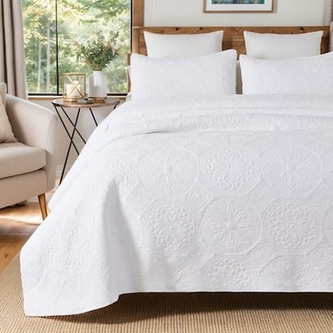 Brandream Luxury White Quilt Set Queen Size 100 Cotton Quilts Boho Medallion Matelasse Coverlet Set 3 Piece
