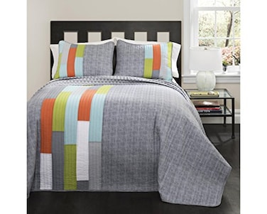 Lush Decor Shelly Stripe Quilt Modern Geometric Pattern Reversible 3 Piece Bedding Set FullQueen Orange Gray