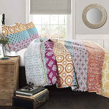 Lush Decor Bohemian Stripe Reversible Cotton Quilt Set 3 Piece Set Full Queen Fuchsia Orange Striped Bedding Set Purple Quilts Queen Size Boho Decor