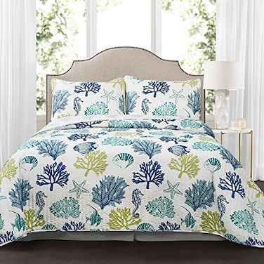 Lush Decor Coastal Reef Reversible Quilt Set 7 Piece Set King Navy Blue Tropical Beach Bedding Set With Throw Pillows Coastal Quilts Queen Size Beach House Decor
