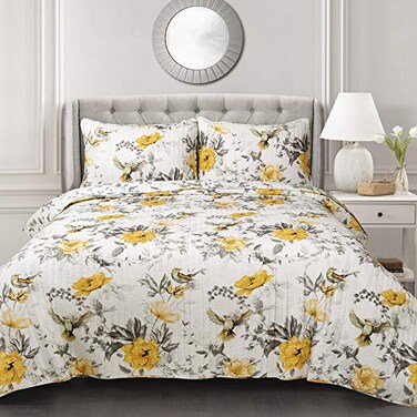 Lush Decor Penrose Floral 3 Piece Quilt Set King Yellow Gray