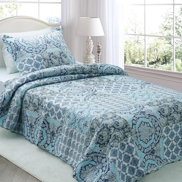 KASENTEX Twin Quilt Set Lightweight Bedspread CoverletCountryChic Printed PreWashed Quilt Bedding Set Microfiber Fabric Quilted Pattern BeddingLight Blue Paisley 86x68