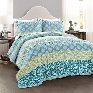 Lush Decor Bohemian Stripe Reversible Cotton Quilt Set 3 Piece Set King Blue Green Striped Bedding Set Blue Quilt King Size Boho Decor