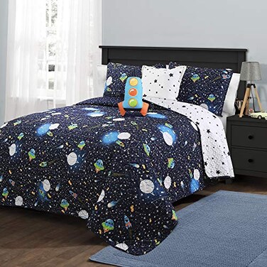 Lush Decor Universe Reversible Quilt Twin Size 4 Piece Set Navy Toddler Bedding Set Twin Quilt Space Themed Bedroom Decor