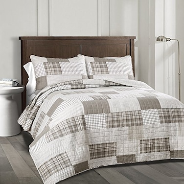 Lush Decor Greenville Reversible Cotton Quilt Queen Size 3 Piece Set FullQueen Taupe Cozy Cotton Bedding Set Queen Quilt Patchwork Quilts Farmhouse