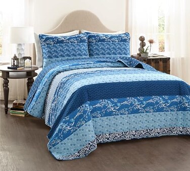 Lush Decor Royal Empire Reversible Cotton Quilt Set 3 Piece Set King Navy Striped Bedding Set Floral Quilt King Size Boho Decor