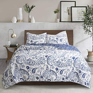 Lush Decor Erindale Paisley Cotton 3Pc Quilt Set King Navy White Reversible Lightweight Quilt Bedding with Shams Classic Boho Style