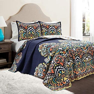 Lush Decor Clara Quilt 3 Piece Reversible Bedding Set FullQueen Navy
