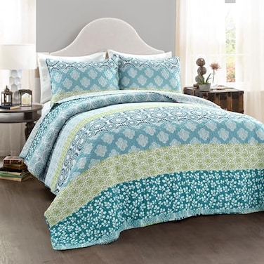 Lush Decor Bohemian Stripe Reversible Cotton Quilt Set 3 Piece Set Full Queen Blue Green Striped Bedding Set Blue Quilts Queen Size Boho Decor