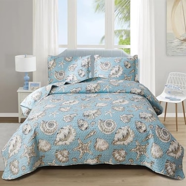 Junsey Beach Quilts Set Twin Size Ocean Theme Bedspreads3 Pcs Seashell Conch Starfish Coverlet Set Lightweight Reversible Bedding with Pillow ShamsBlue