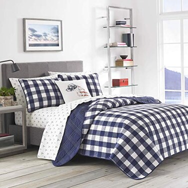 Eddie Bauer King Quilt Set Cotton Reversible Bedding with Matching Shams Luxurious Bedding Set Lakehouse Plaid Blue King