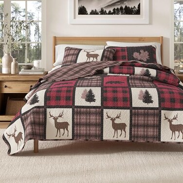 Great Bay Home Lodge Quilt Set 3Piece FullQueen Size Rustic Bedding Set Lightweight AllSeason Reversible Bedspread RedBlack