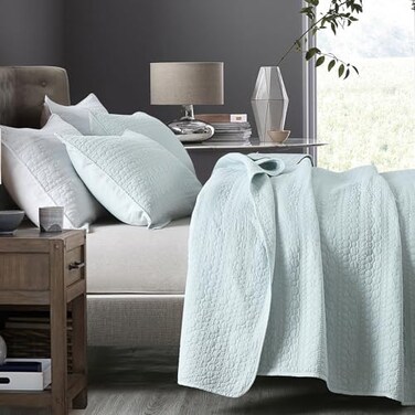 HORIMOTE HOME Quilt Set Queen Size Aqua Blue Classic Geometric Spots Stitched Pattern PreWashed Microfiber Chic Rustic Look Ultra Soft Lightweight Quilted Bedspread for All Season 3 Pieces