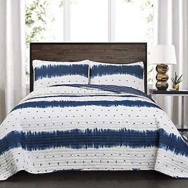 Lush Decor Jane Shibori Reversible Cotton Quilt King Size 3 Piece Set Navy Blue Bedding Set King Quilt Blue Quilts Modern Decor