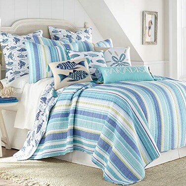 Levtex Home Laida Beach Bedding Set 3Piece Blue Cotton King Quilt 2 Shams Reversible Coastal Stripe Tropical Fish